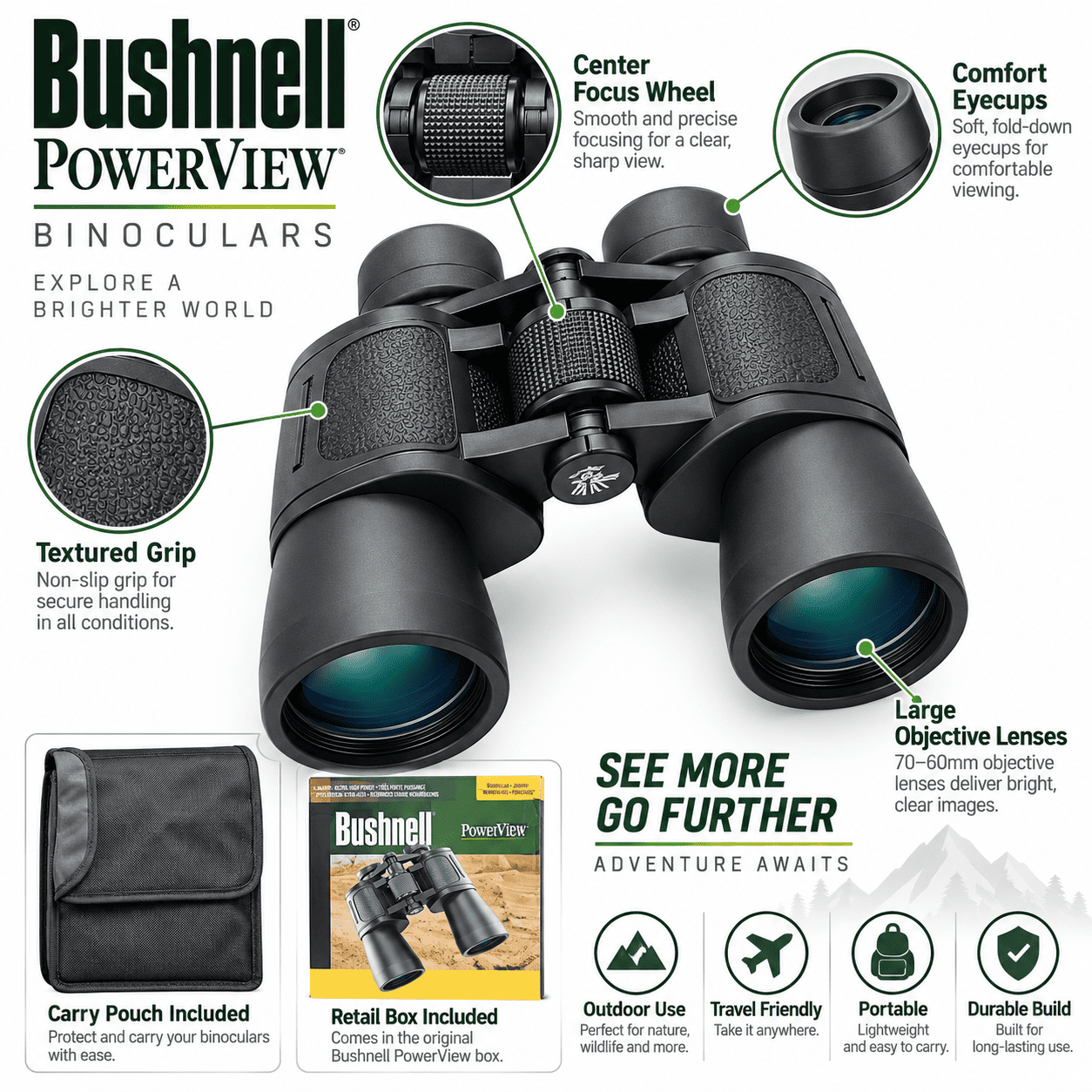 Bushnell 10-70×70 Powerview Outdoor Metal Binoculars with Bag (Black) - Image 3