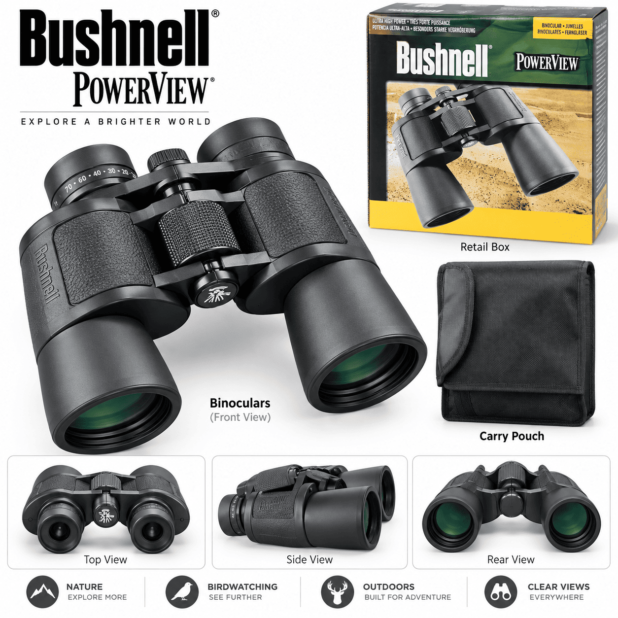 Bushnell 10-70×70 Powerview Outdoor Metal Binoculars with Bag (Black) - Image 4