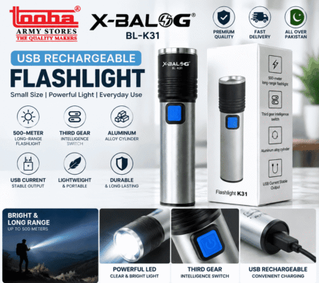 X-BALOG BL-K31 Rechargeable LED Flashlight High Power Torch Light with USB Charging Adjustable Focus Waterproof Metal Body for Outdoor & Emergency Use